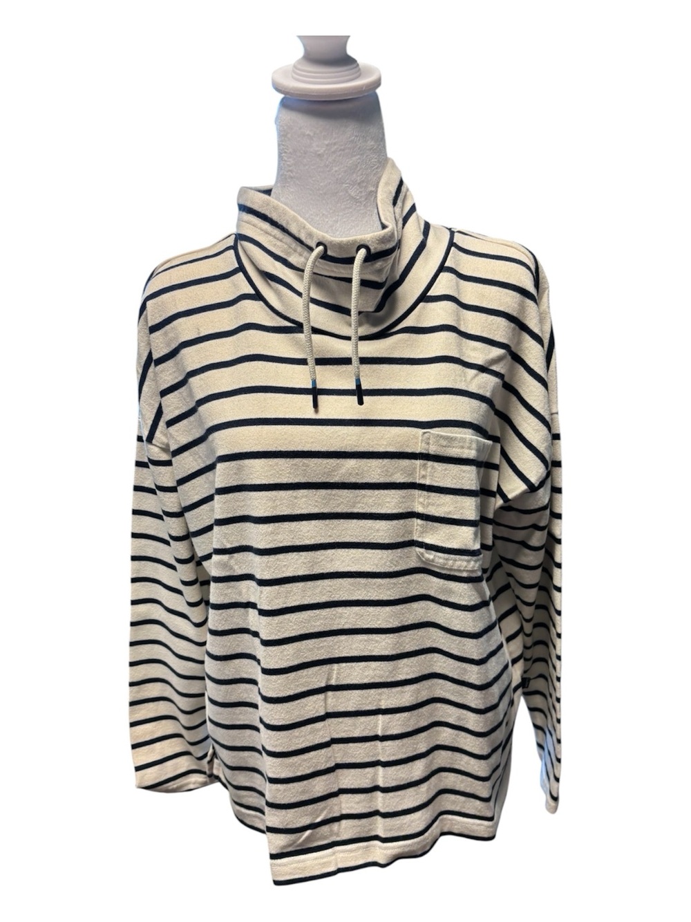 LL Bean Striped Cream & Navy Funnel Neck Pullover